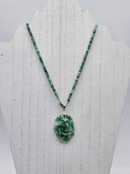 Emerald Necklace with Flower Carved Agate Pendant