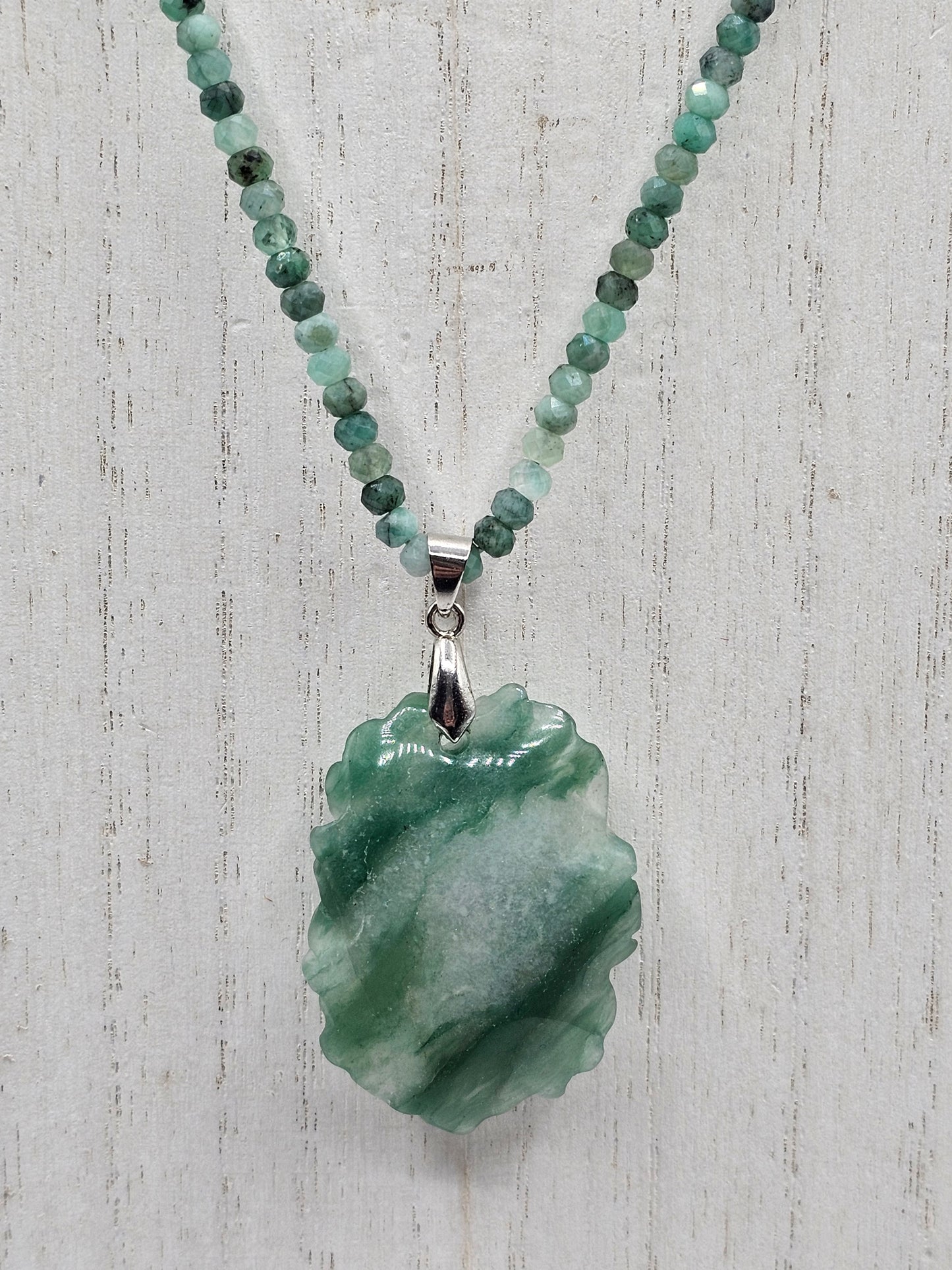 Emerald Necklace with Flower Carved Agate Pendant