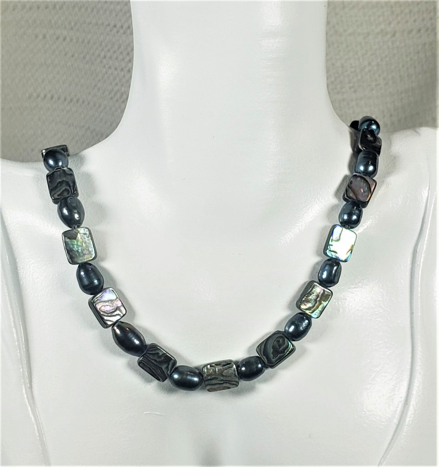 Abalone Mother of Pearl & Cultured Black Pearl Necklace