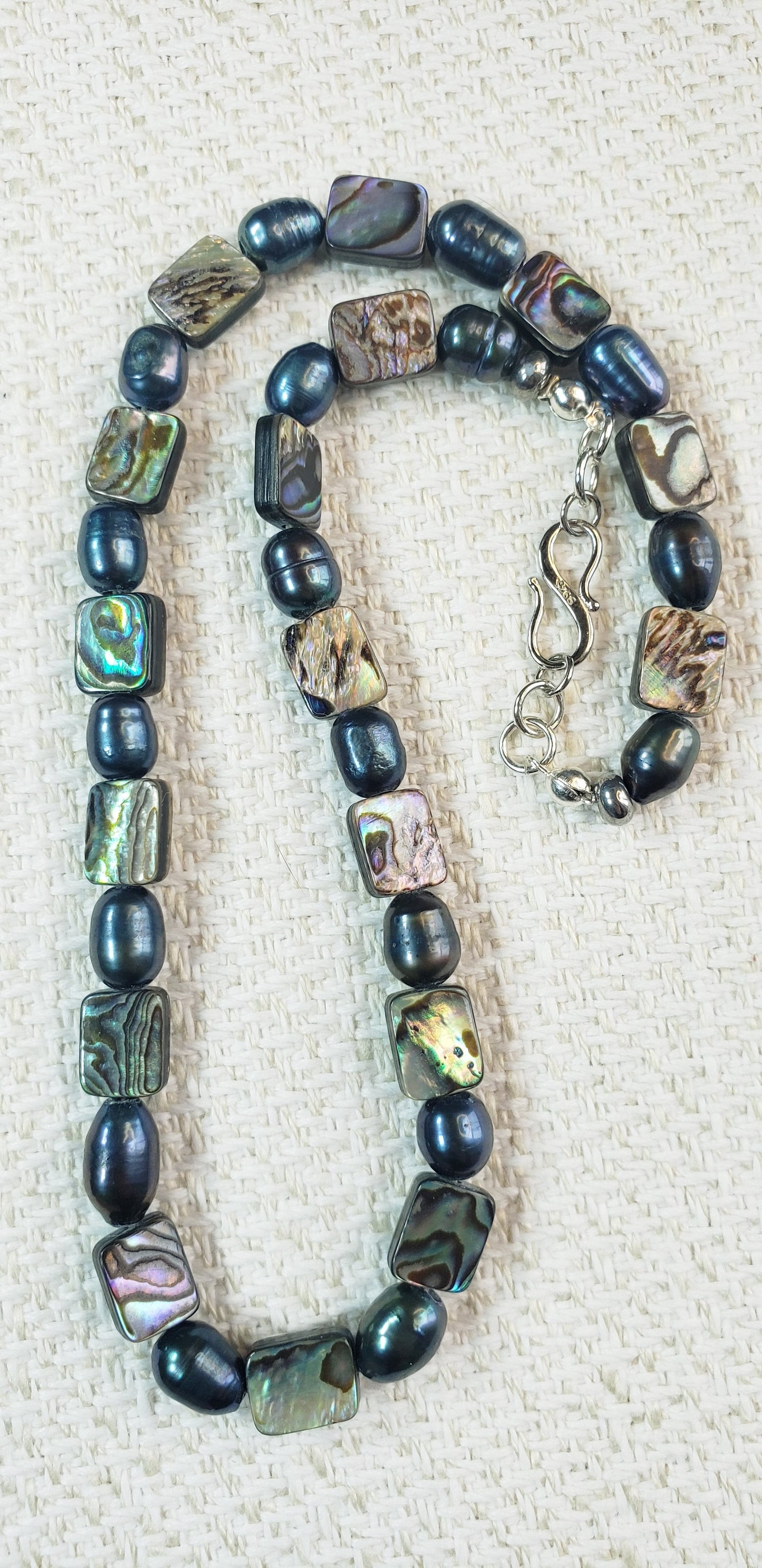 Abalone Mother of Pearl & Cultured Black Pearl Necklace