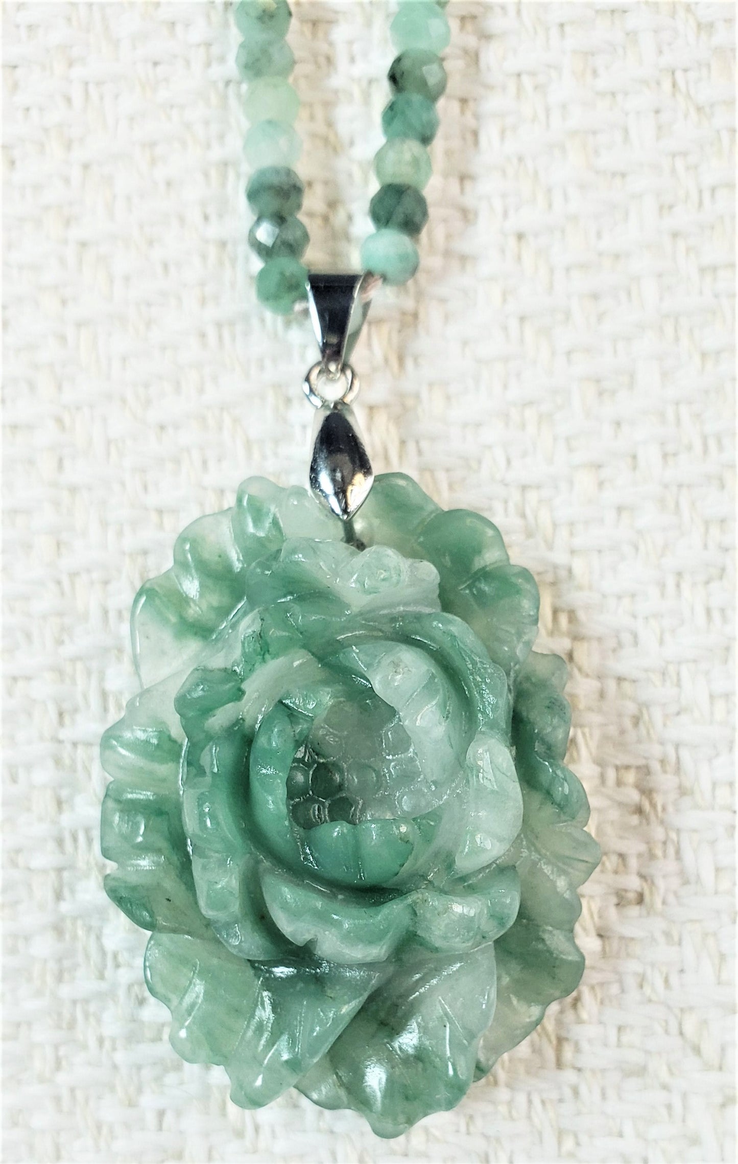 Emerald Necklace with Flower Carved Agate Pendant